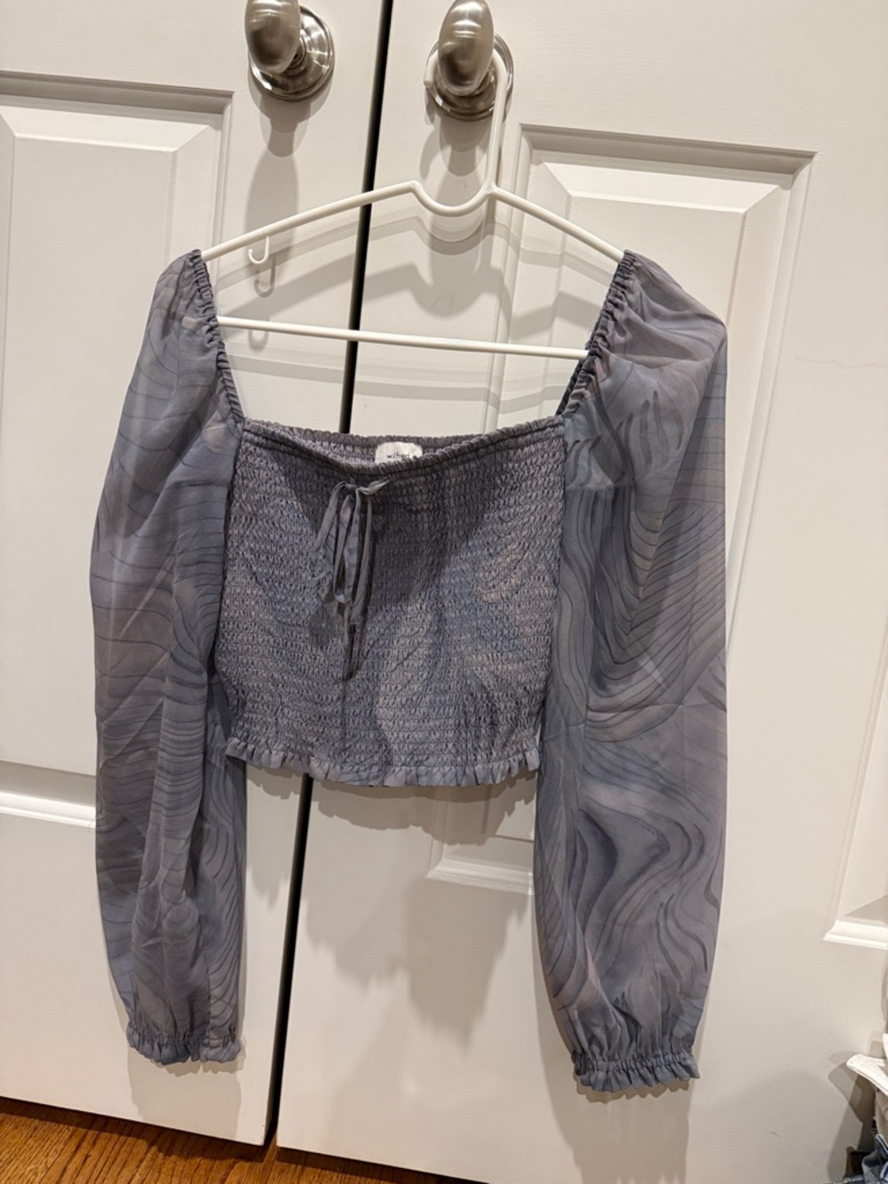 Wilfred Slate Gray Smocked Tie-Front Long Sleeve Crop Top